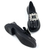 Women's Black Patent Penny Loafers with Rhinestone Embellishment — Preppy Round-Toe Casual Shoes
