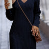 Women's V-Neck Cable Knit Midi Sweater Dress - Soft Pink Long Sleeve Bodycon, All-Season Office and Casual