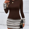 Women's Geometric Bodycon Dress, Long Sleeve Crew Neck, Polyester Knit, All-Season, Plus Size