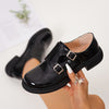 Women's Glossy PU Chunky Platform Loafers – Round-Toe Slip-Resistant Buckle Strap Dress Shoes, Black