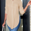 Women's Elegant Long-Sleeve Button-Front Blouse with Side Slit — Woven Polyester All-Season Office & Casual Shirt