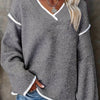 Women's Plus Size V-Neck Loose Fit Knit Sweater - Light Gray with Contrast Trim, Long Sleeve Pullover