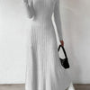 White Ribbed Knit Crew Neck Long Sleeve Bodycon Dress for Women, Fall Casual Chic
