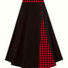 Color Block Plaid High-Waist A-Line Midi Skirt with Button Ruffle - Women's