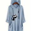 Plus Size Cat Ear Hooded Sweatshirt Dress – Loose Casual Printed Mid-Sleeve Pullover