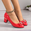 Women's Black Rhinestone Bow Pumps, Glossy Slip-On Block Heel Round Toe Dress Shoes
