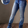 Women’s High-Waist Stretch Straight-Leg Washed Blue Denim Jeans — Tummy Control, Beltless Elastic Waist, Long Length, Machine Washable