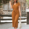 Button-Front V-Neck Belted Jumpsuit – Short Sleeve Elegant Jumpsuit for Women, Spring Summer