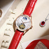 Women's Mechanical Skeleton Watch with Luminous Hands, Rose Gold Case & Red Leather Strap, White Dial Luxury Gift