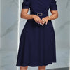 Women's V-Neck Ruched Midi Dress with Belted Waist, Short Sleeve Flowy Skirt for Spring/Summer
