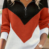 Plus Size Women's Black & White Color Block V-Neck Sweater, Ribbed Long Sleeve Pullover with Button Detail