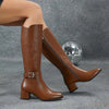 Embroidered Women's Knee-High Boots with Side Zipper, Golden Knight Block Heel Pointed Toe, Autumn/Winter