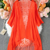 Plus Size Floral Embroidered Kimono Cardigan - Lace Trim Midi Cape, Long Sleeve Semi-Sheer