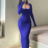 Women's Extra-Long Bodycon Maxi Dress – Square Neck Long Sleeve A-Line Silhouette, Sexy Form-Fitting Autumn Dress
