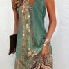 Teal Green & Beige Floral Maxi Dress - V-Neck Fit and Flare, Stretchy Knit, Machine Washable