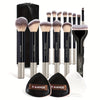 14-Piece Makeup Brush Set with 2 Air Cushion Puffs & Travel Bag — Foundation, Blush, Powder, Eye & Lash Brushes, Portable Holiday Gift