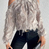 Women's Plush-Like Ruffled Long Sleeve Semi-Sheer Blouse - Round Neck Pullover Top for Casual & Formal Wear