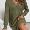 Plus Size Olive V-Neck A-Line Sweater Dress - Short Sleeve Single-Button Closure, Machine Washable Knit for Office & Semi-Formal