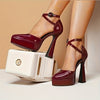 Women's Burgundy Platform High Heels - Open Toe Ankle Strap Block Heel Mary Jane for Party & Formal