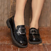 Women's Slip-On Low Heel Loafers with Metal Buckle – Glossy Square Toe Office & Casual All-Season Shoes