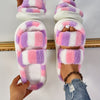Tie-Dye Plush Slip-On Slippers for Women — Faux Fur Lining, EVA Non-Slip Sole, Pastel Multicolor Indoor House Shoes