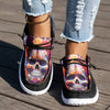 Women's Casual Black Slip-On Loafers with Colorful Skull Design, Breathable Non-Slip Round Toe Shoes with Elastic Laces, Lightweight EVA Sole