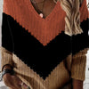 Plus Size V-Neck Color-Block Striped Pullover Sweater - Orange & Black Knit, Machine Washable, All-Season Casual