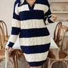 Plus Size Women's Striped Knit Sweater Dress - Long Sleeve A-Line Midi with Lapel Collar & Drop Shoulders, Green Stripes