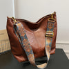 Women's Bohemian Large-Capacity Bucket Shoulder Bag – Vintage PU Leather Crossbody with Adjustable Detachable Strap & Zip Closure (Dark Brown, Black)