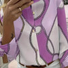 Women's Chain Print Button-Front Blouse - Mandarin Collar, Roll-Tab Sleeves, Lightweight Polyester