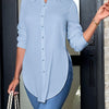 Women's Elegant Long-Sleeve Button-Front Blouse with Side Slit — Woven Polyester All-Season Office & Casual Shirt
