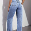 Women's Elegant Straight-Leg Washed Blue Jeans - Heavy-Duty Non-Stretch Denim, Five-Pocket Classic