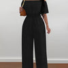 Elegant Off-Shoulder Wide Leg Jumpsuit – Short Sleeve, Cinched Waist, Solid Black Polyester, Machine Washable