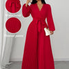 Plus Size Deep V-Neck Jumpsuit — Long Lantern Sleeves, Adjustable Belted Waist & Pleated Wide-Leg Pants, H-Line Silhouette