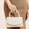 Beige Satin Pleated Evening Clutch with Pearl Accents - Crossbody Handbag with Top Handle for Parties & Formal Events