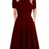Elegant Retro A-Line Midi Dress Short Sleeve Fit-and-Flare Casual Dress for Women