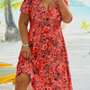 Plus Size Floral Deep V-Neck Short Sleeve Dress - Stretchy Fitted Casual Beach Dress for Spring Summer Fall