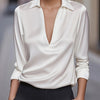 Silvery Satin V-Neck Blouse for Women, Long Sleeve Button-Front Satin Shirt, Elegant Smooth Finish