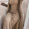 Plus Size Knit Ribbed Dress & Cardigan Set - Beige, Long Sleeve High Neck, Stretchy Fall/Winter