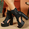 Women's Retro Roman Open Toe Lace-Up Ankle Booties – High Block Heel, Microfiber Upper, Zip Closure