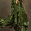 Velvet A-Line Maxi Dress - Deep V-Neck, Long Sleeves & Ruffled Hem, Floor-Length Vintage Formal Dress in Brown