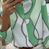 Women's Chain Print Button-Front Blouse - Mandarin Collar, Roll-Tab Sleeves, Lightweight Polyester