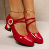 Women's Red Mary Jane Heels with Sparkling Bow & Rhinestone Accent — Chunky Block Heel, Round Toe, Synthetic Upper & Rubber Sole