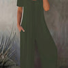 Women's Summer Lightweight Jumpsuit – Black Short Sleeve Round Neck Wide-Leg Relaxed Fit for Casual, Vacation & Beachwear
