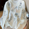 Plus Size Women's White Shimmer Sequin Floral Longline Sweater - Round Neck Elegant Party Pullover