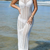 Women's V-Neck Hollow-Out Tie-Back Long Knit Monokini Dress - 100% Acrylic, High Stretch Beachwear