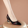 Women's Black Pointed-Toe Pumps with Floral Accent | Chunky Block Mid Heel, Comfortable Insole — All-Season Dress Shoes