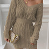 Women's Beige V-Neck Long Sleeve Sweater Dress – Stretch Knit, Form-Fitting Office-to-Party