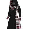 Women's Y2K Hooded Knit Dress - Gingham Patchwork Long Sleeve A-Line with Faux Buttons