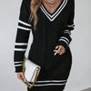 Elegant Striped V-Neck Knit Bodycon Sweater Dress for Women - Polyester Drop-Shoulder Colorblock (Fall/Winter)